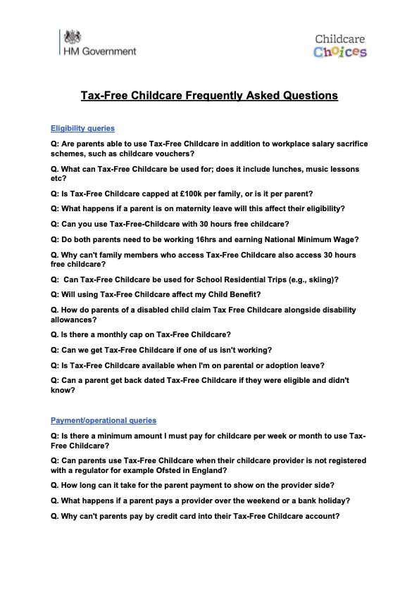 Tax-Free Childcare FAQ screenshot